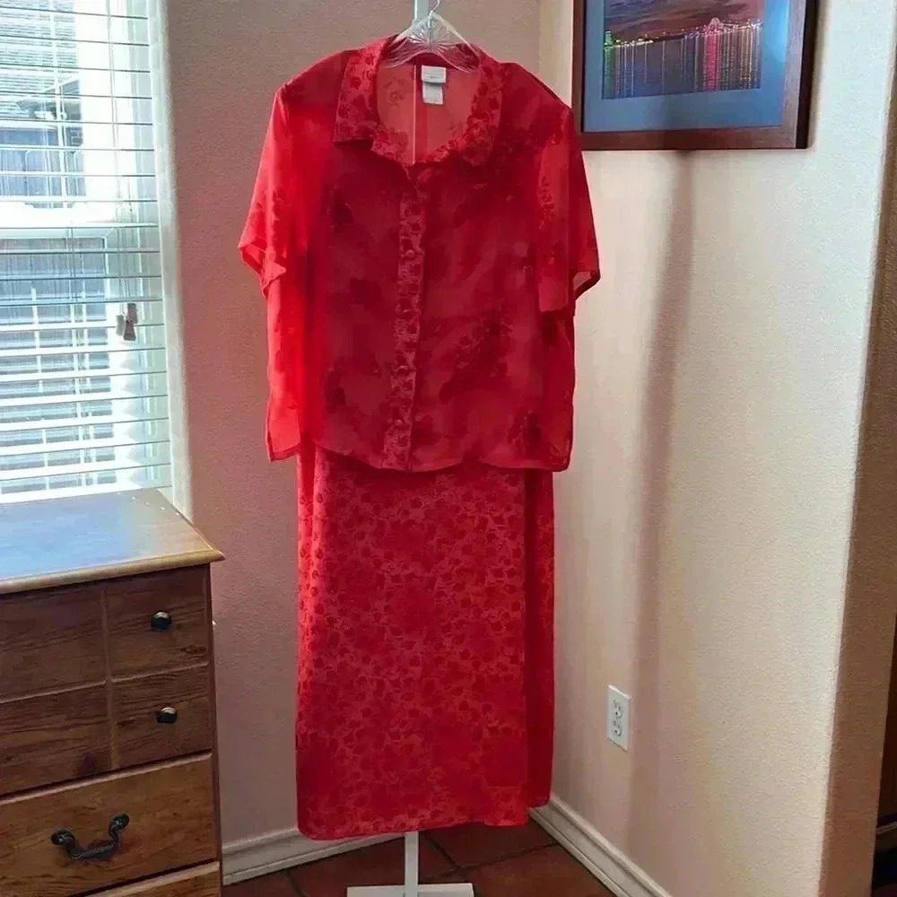 Studio C Plus size 22W 2 piece set red dress with cover up Pit to Pit 26”